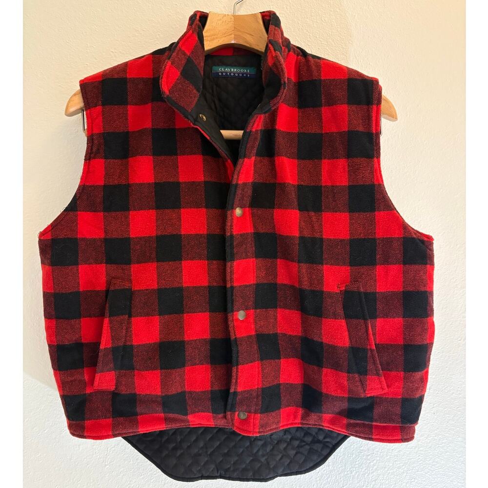 VTG CLAYBROOKE OUTDOORS Wool Blend Flannel Vest | Red Black Checkered | LARGE